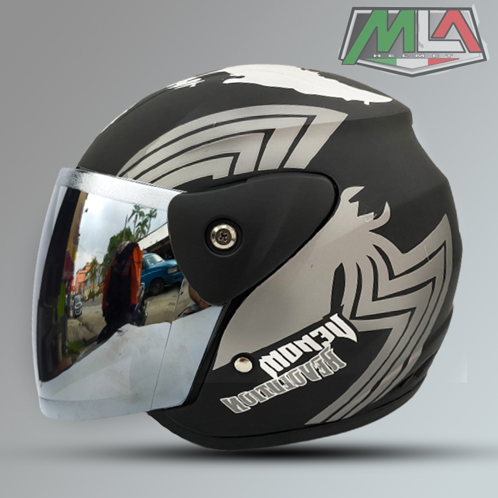 Helm Half Face Evo Inovation SNI Mirip Seperti Helm GM Motif VENOM Untuk Pria Dan Wanita Dewasa Cod - MLA HITAM DOF/Silver