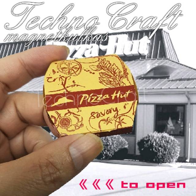 Magnet kulkas miniatur dus Pizza Hut dengan isi pizza mini