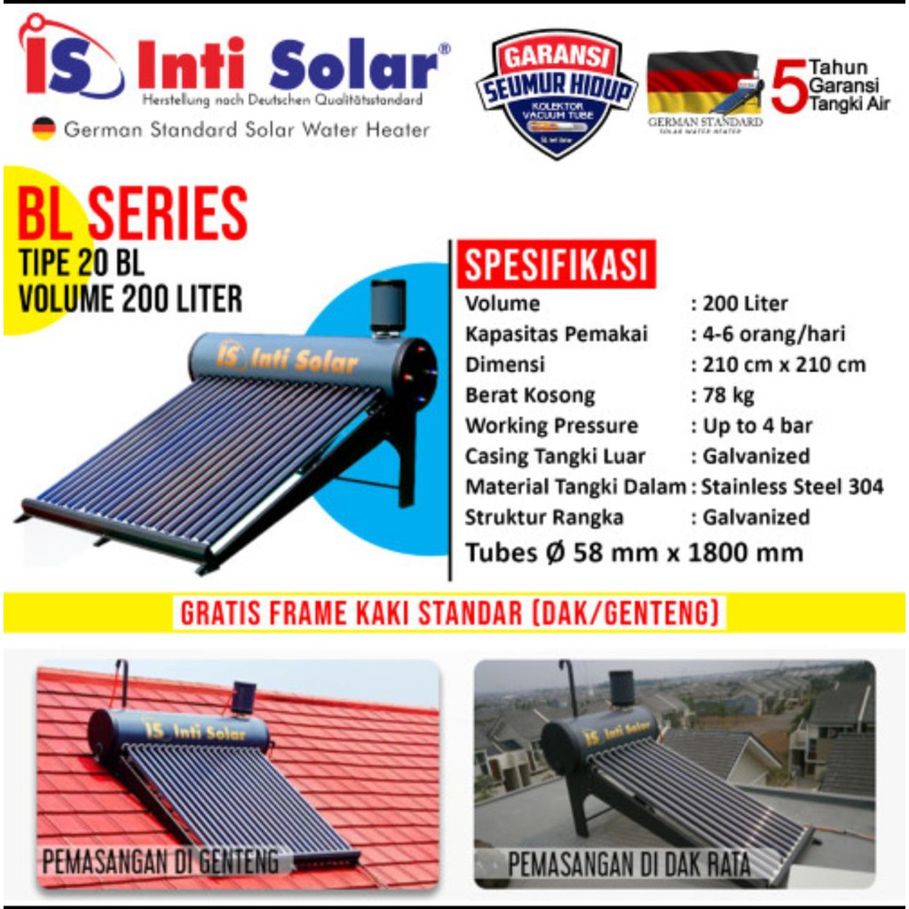 Jual Pemanas Air Surya IntiSolar 200 Liter INTI SOLAR WATER HEATER BL20 ...