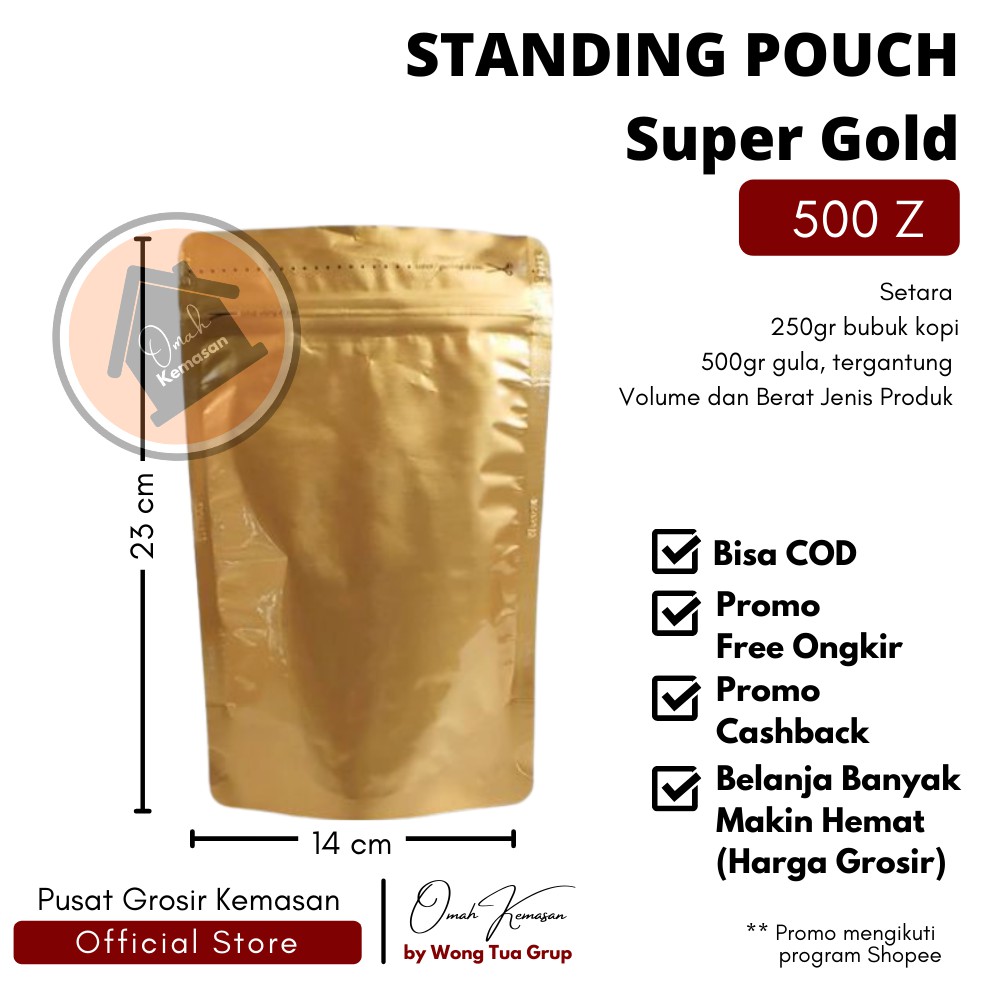 

Pouch Padat Super Gold Emas 14x23cm - Kemasan Kopi Snack dan Bubuk Minuman Powder Zipper 500 gram