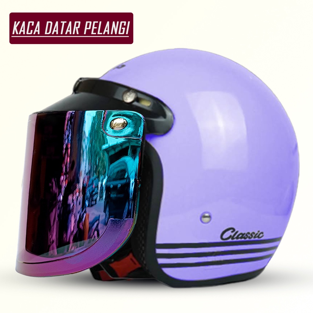 Helm Bogo Retro Classic Pria Dan Wanita Dewasa SNI Murah Harga Pabrik Kualitas Premium Kaca Datar Injak Pelangi Free Packing Dus COD