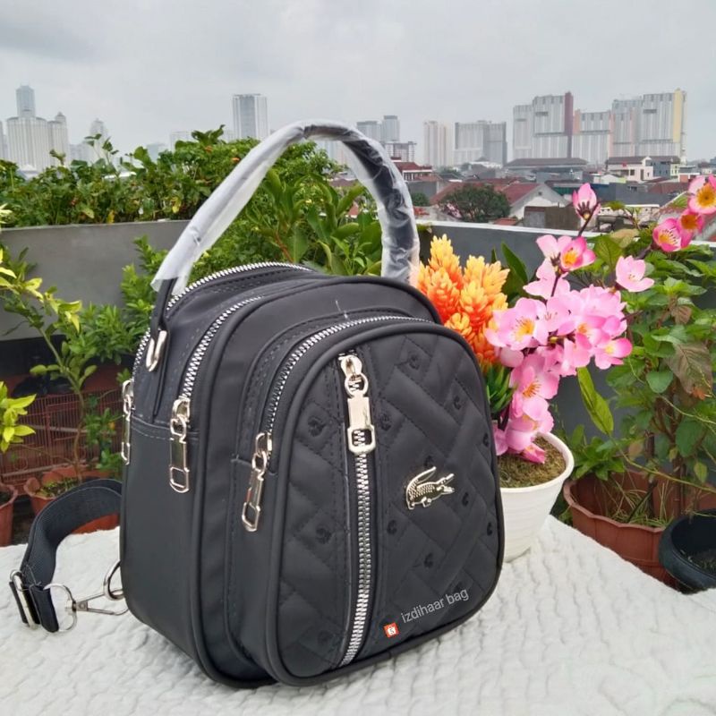 tas ransel 4 ruang bahan nilon bordir depan ukuran T21xL19 x9 cm.-Hitam