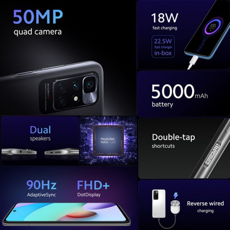 Terbaru HP Xiaomi Redmi 10 2022 New Version (Ram 8GB) 6GB+2GB Extendable Rom internal 128GB - Original Garansi Resmi TAM - Helio G88 50MP Kamera 90Hz 5000 mAh - Warna Colour Black Gray White Blue Biru Hitam Putih - 8/128 6/128 4/64 8 6 4 GB - 128 64-3
