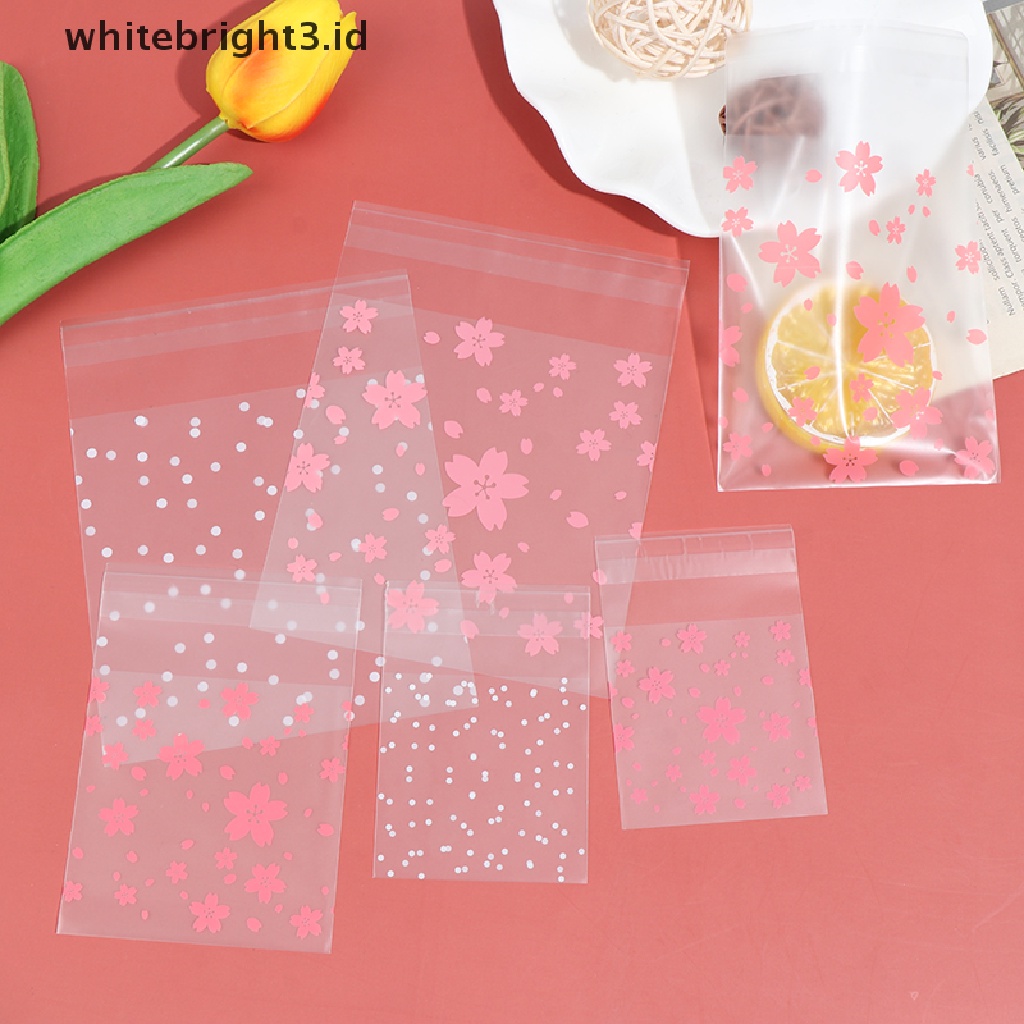 (whitebright3.id) 100pcs / Set Kantong Plastik Motif Bunga Sakura Untuk Tempat Permen / Kue