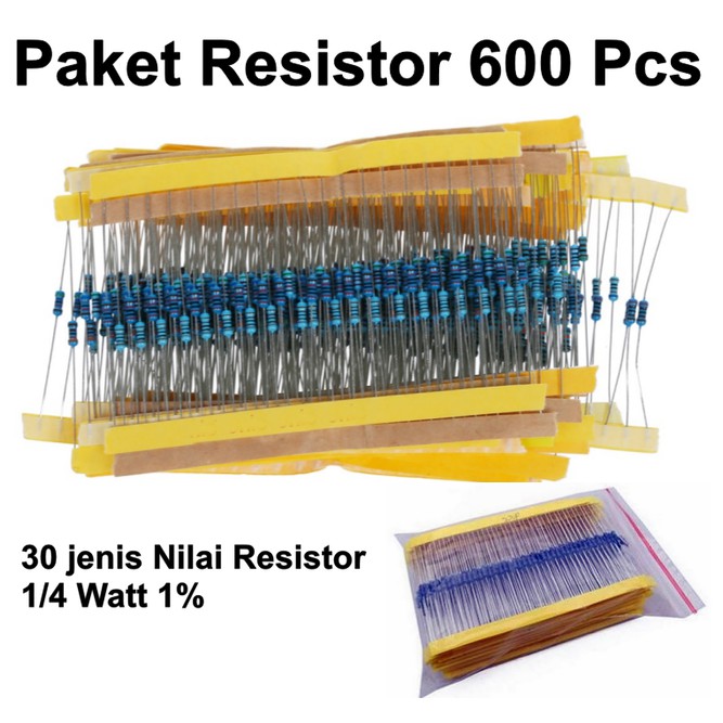 Paketan Resistor 1/4 Watt 1% 600 PCs 30 Jenis Nilai Ohm