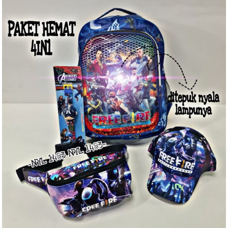 (BISA COD ) Tas Ransel Anak Sekolah SD FREE FIRE LED 4in1- Free Topi Jam Tangan- TasWaistbag/Tas Ransel anak Laki-laki/tas anak  perempuan