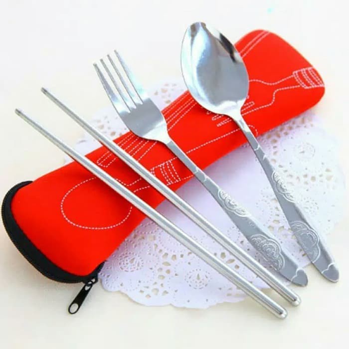 *COD*Sendok Set Travel 3 In 1 Stainless + Pouch All In One - Souvenir Nikah