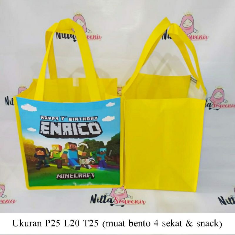 

tas souvenir ulang tahun anak murah/tas ultah motif minicraft/tas souvenir ultah anak muat bento