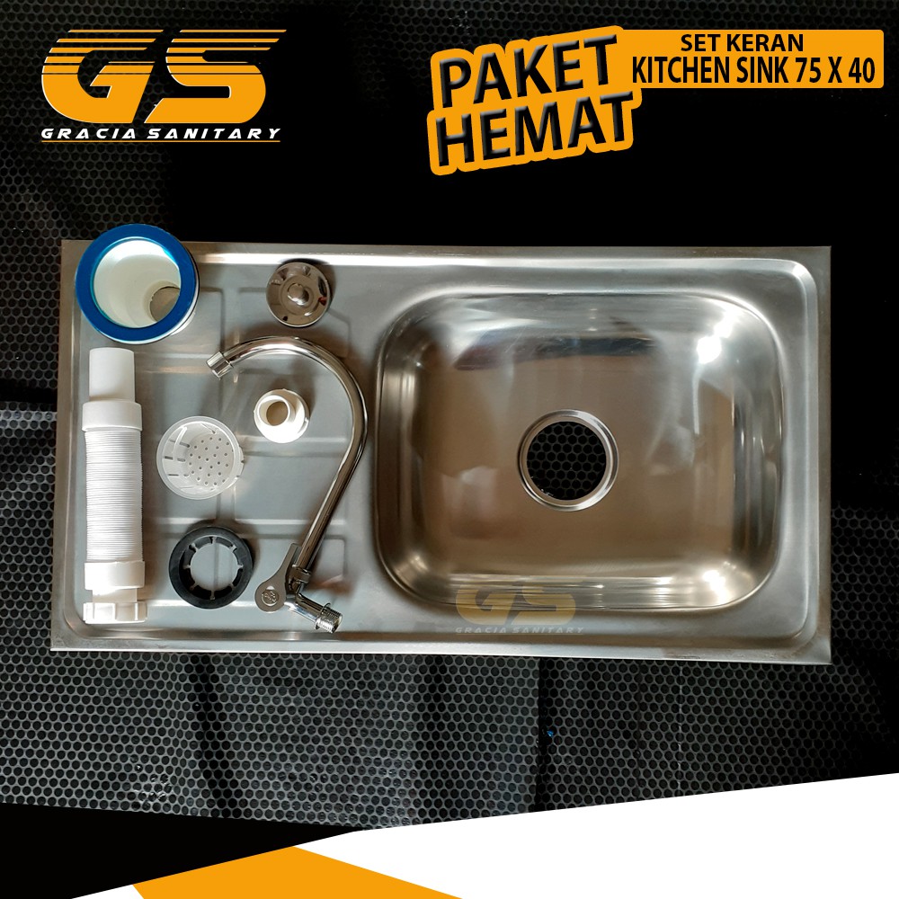 Wastafel Bak Cuci Piring Stainless 75cm SET Tempat kitchen Sink 75x40  Kran Air Paket lengkap