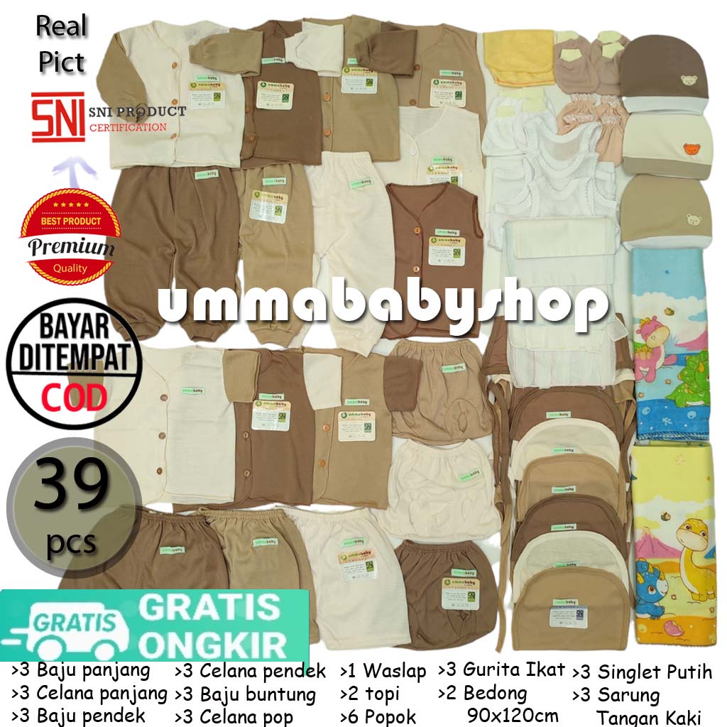 39 Pcs Paket Hemat Lahiran Lengkap Perlengkapan Baju Bayi Setelan Baju Anak Newborn Baby Gift Set Laki Perempuan Kado Hadiah Baru Lahir Celana Bayi Baju Bayi Polos Kombinasi Cokelat