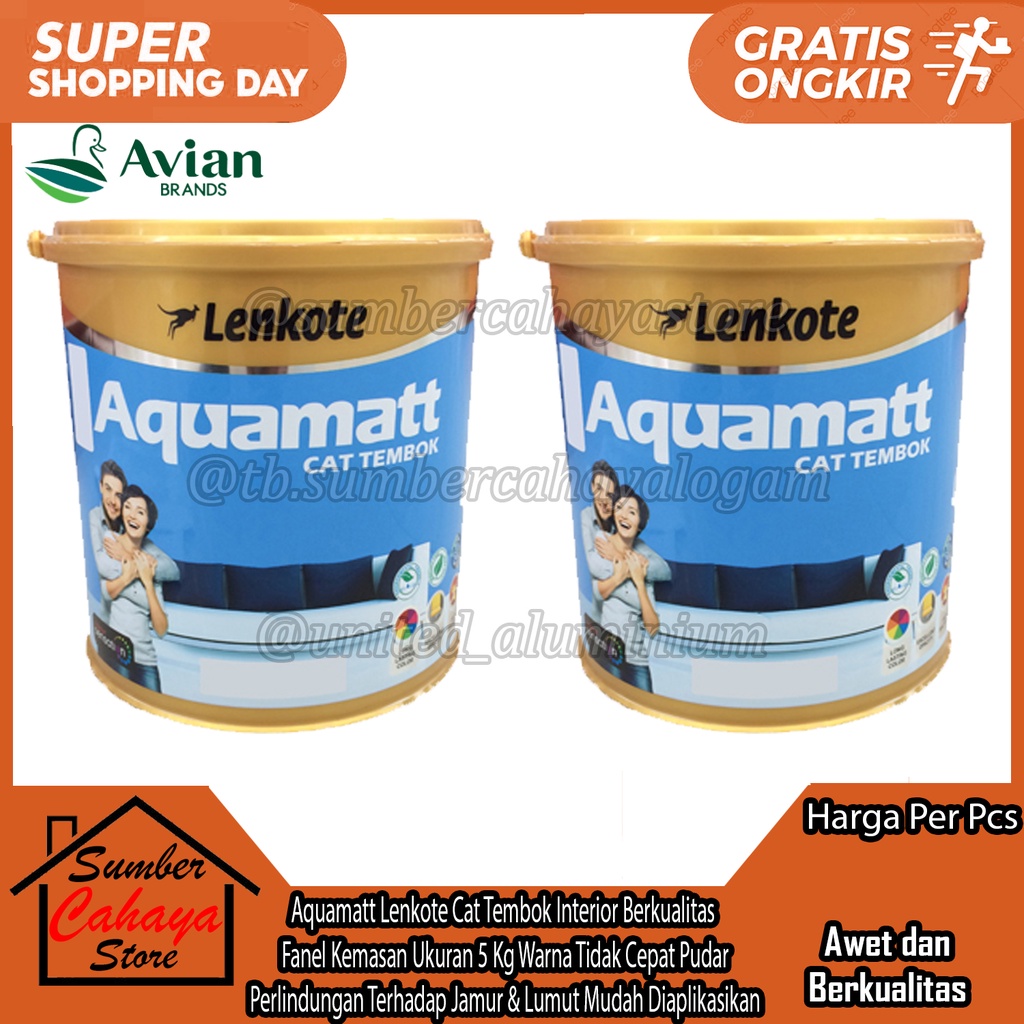 Aquamatt Lenkote Cat Tembok Interior Berkualitas  Fanel Kemasan Ukuran 5 Kg Avian Brands Warna Tidak