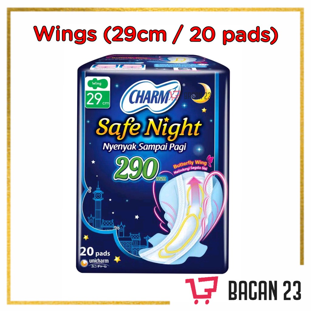 Charm Safe Night Wings ( 29cm - 20 Pads ) / Pembalut Malam Sayap - Softex / Bacan 23 - Bacan23