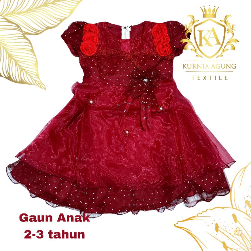 Gaun Anak Perempuan Warna Maroon 2 3 Tahun Pesta Mewah Kekinian 2022 umur Dress Merah Ati Merah Hati Anak Cewek Import Murah KA53