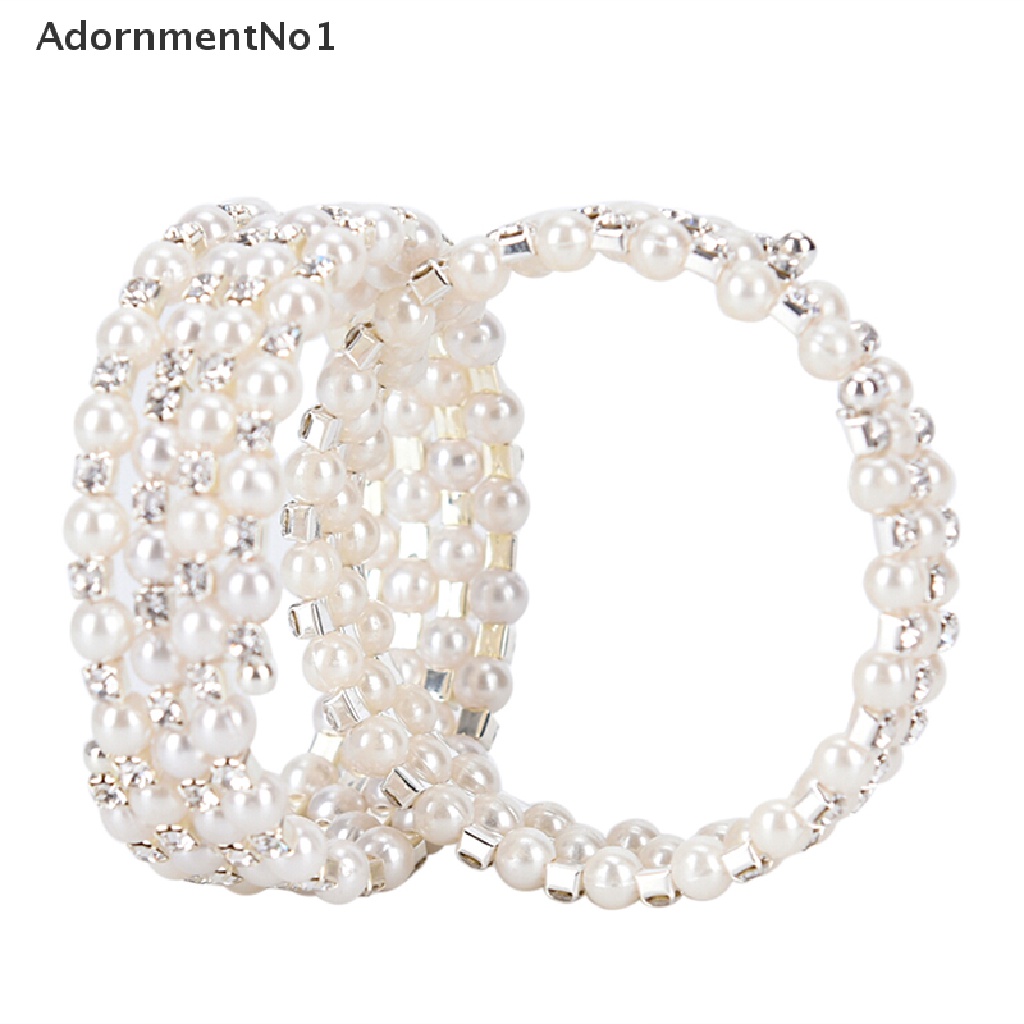 (AdornmentNo1) Gelang Bangle Cuff Lebar Elastis Multilayer Aksen Mutiara + Kristal Imitasi Untuk Wanita