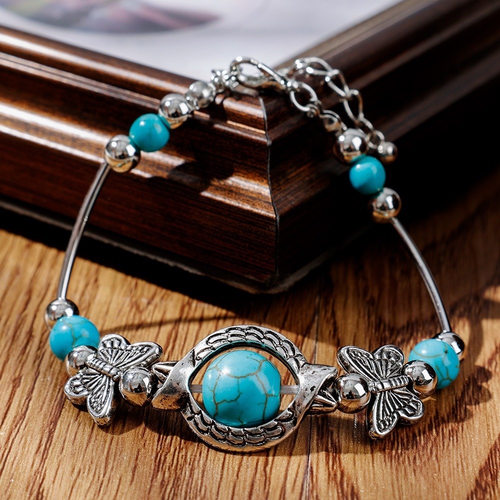 Gelang Bangle Manik Turquoise Biru Hias Kupukupu Gaya Boho Vintage Untuk Wanita