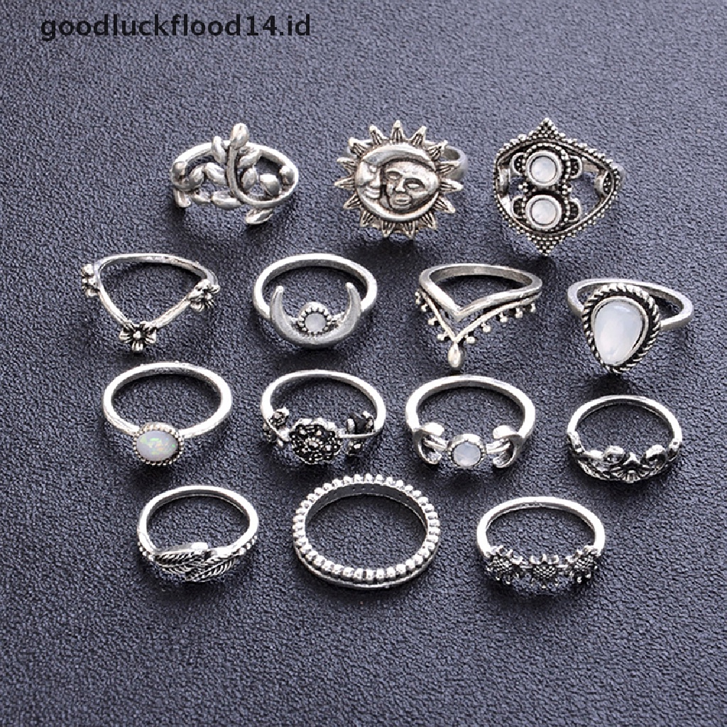 [OOID] 14Pcs/Set Boho Stack Crystal Flower Moon Sun Knuckle Ring Midi Finger Rings ID