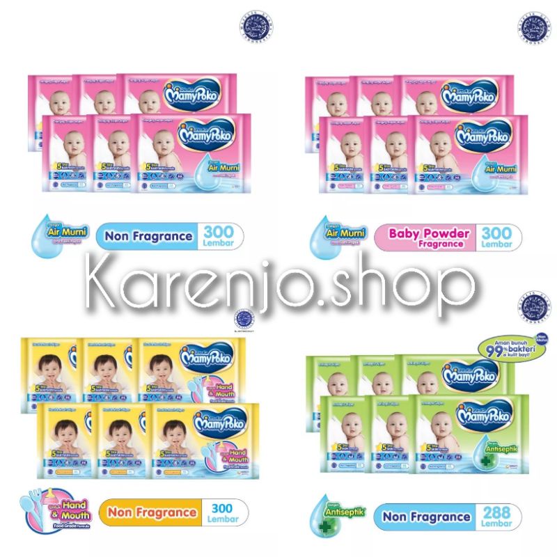 MAMYPOKO Baby Wipes Non Perfumed ; Perfumed ; Hand &amp; Mouth ; Antiseptik 150 Lembar Buy 1 Get 1 (total 300)