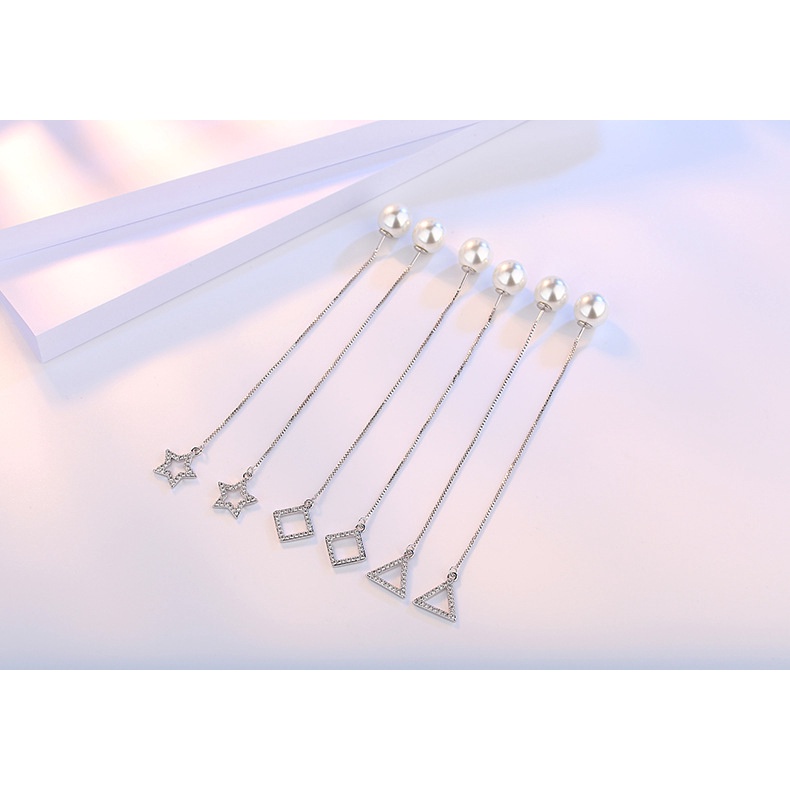 Anting Perak 925 Wanita Bintang Ganda Garis Telinga Mutiara Fashion Perhiasan