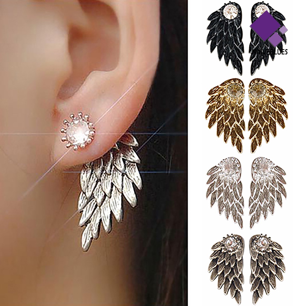 1 Pasang Anting Stud Bentuk Sayap Aksen Berlian Imitasi Bahan Alloy Untuk Wanita