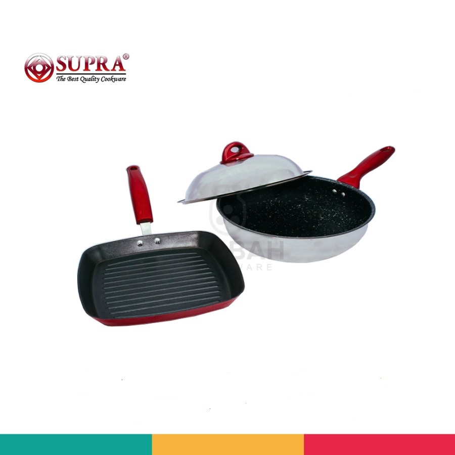 SUPRA  Wajan Stirwok + HI-Dome 28 cm Stainless Steel dan Square Grill