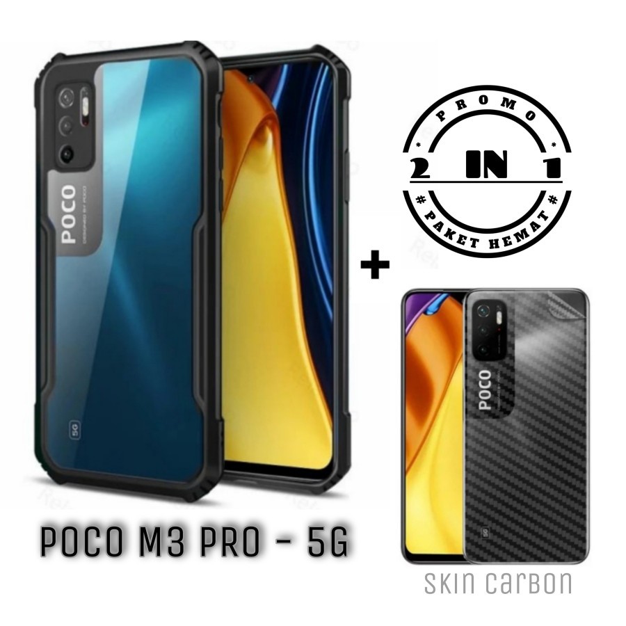 Case XIAOMI POCO M3 PRO 5G Paket Hard Case Fusion Shockproof dan Skin Carbon Garskin
