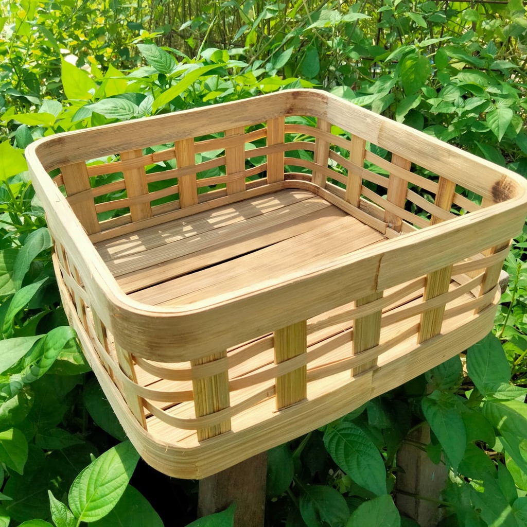 keranjang anyaman bambu 25x25cm wadah hampers tempat kue kering wadah roti lebaran tray bambu tempat