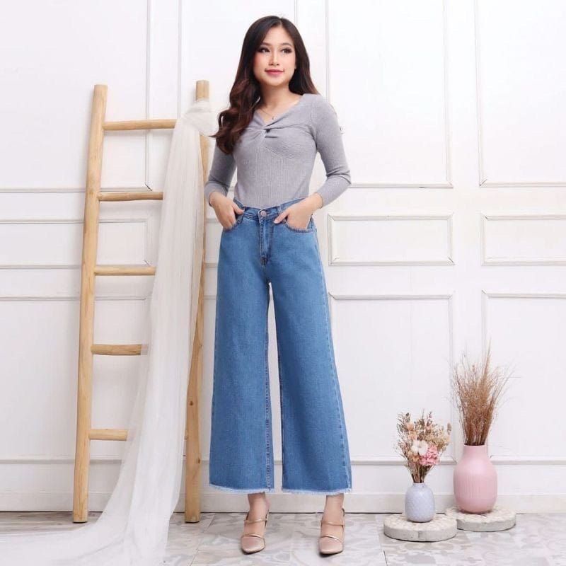 [ BIG SIZE ] Celana Boyfriend Kulot Panjang Rawis // Jeans Kulot Rawis Wanita Murag navi esblu 27-34