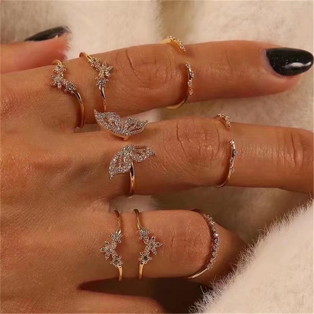 8 PCS Eropa dan Amerika Gaya Bohemian Berlian Kupu-kupu Cincin Bersama Perhiasan Emas Set