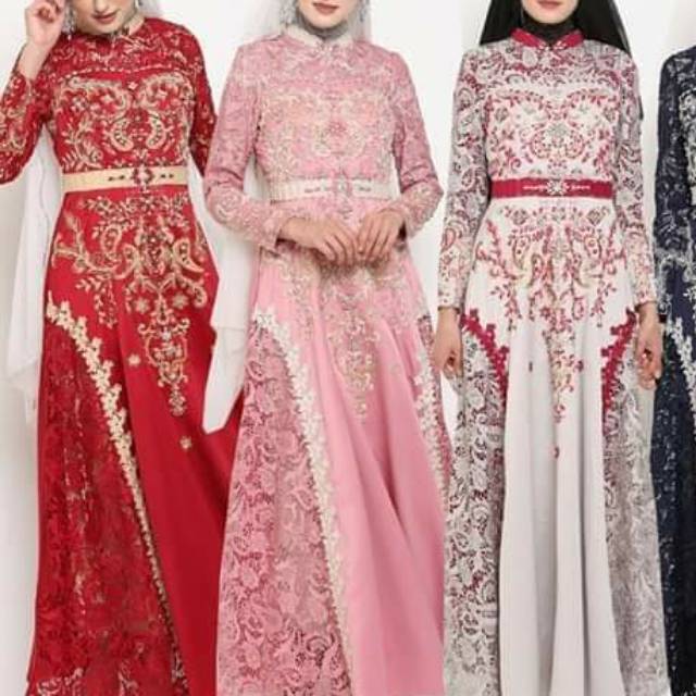 Baju Gamis Pesta Mewah Bibiq 31473 Bibiq Fashion Maxidress Gamis Pesta Bahan Brukat Mix Satin