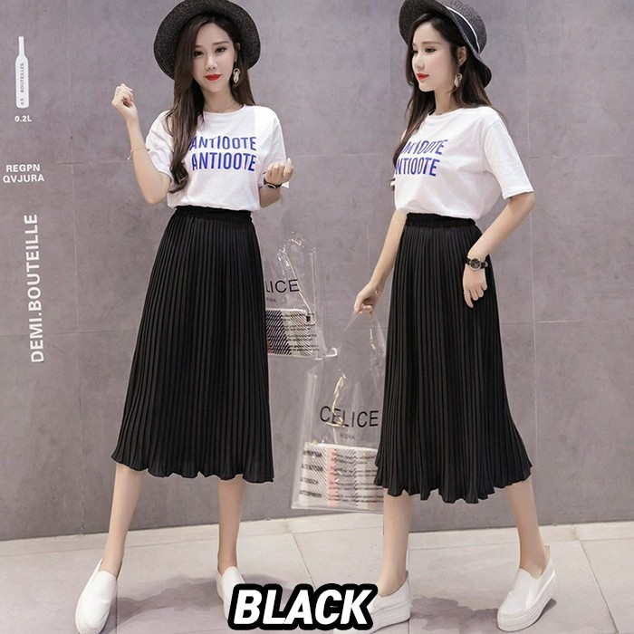 KARAKOREA 853 Pearl Pleated Skirt/Rok midi/Rok Korea Skirt