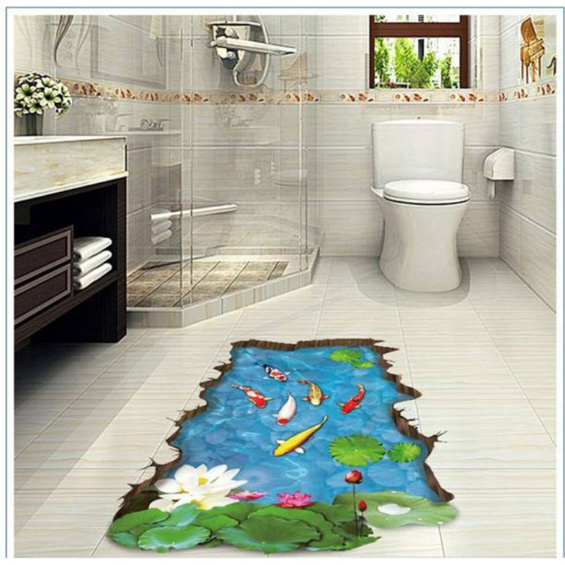 wall sticker 3d motif ikan koi kolam biru