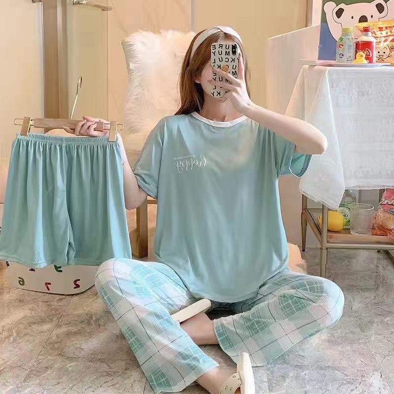 JC- Stelan Oversize 3in1 Import / Piyama 3in1 / Piyama Korea wanita terbaru Murah-3in1 Text Tosca