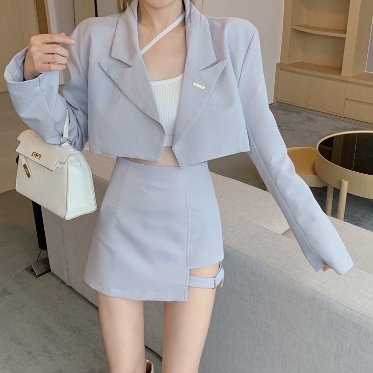 ESCEEL PICKS LILAC GREY SET SETELAN WANITA WARNA UNGU MUDA LILAC OUTER LILAC CROP TOP CROP OUTER CAR