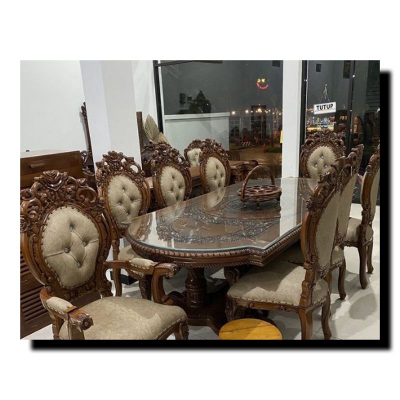 SET KURSI MAKAN MEWAH MEJA MAKAN UKIR JATI JEPARA