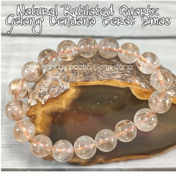 Gelang Kesehatan Batu Alam Natural Rutilated Quartz Cendana Serat Emas