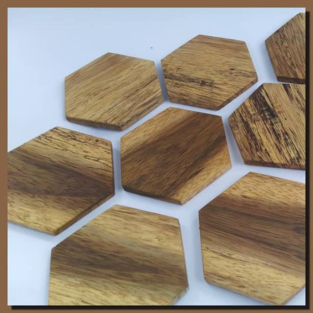 Hexagonal 10 cm wood coasters tatakan gelas kayu alami segi enam unik antik