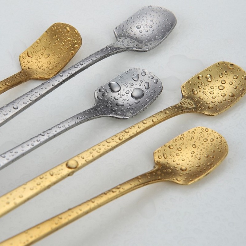 1pc Sendok Teh / Kopi / Es Krim / Dessert Bahan Stainless Steel Bentuk Persegi Gagang Panjang Untuk Dapur