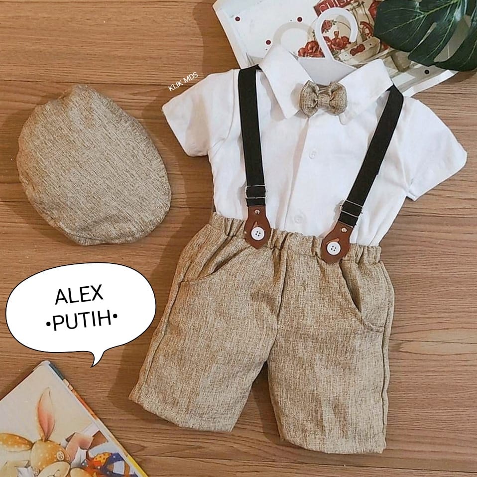 Jumper Anak Bayi Laki-laki / Setelan anak celana suspender  Motif Alex Free Dasi Dan Topi