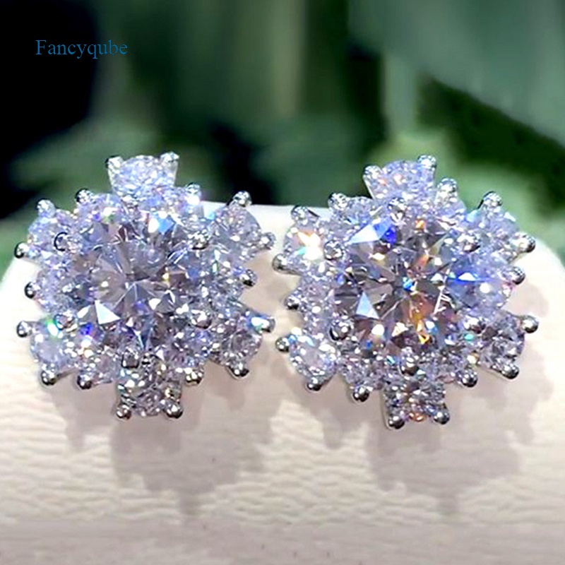 Fancyqube Anting Tusuk Bentuk Bunga Hias Cubic Zirconia Untuk Wanita