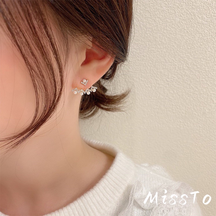 Fashion rhombus curved micro-inlaid zircon pearl earrings for women Korean exquisite temperament earrings 925 silver needles