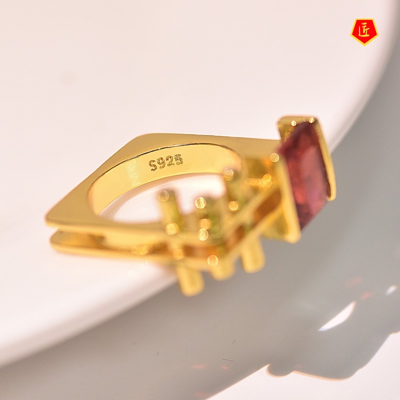[Ready Stock]Temperament Personality 18K Gold Ruby Geometry Ring