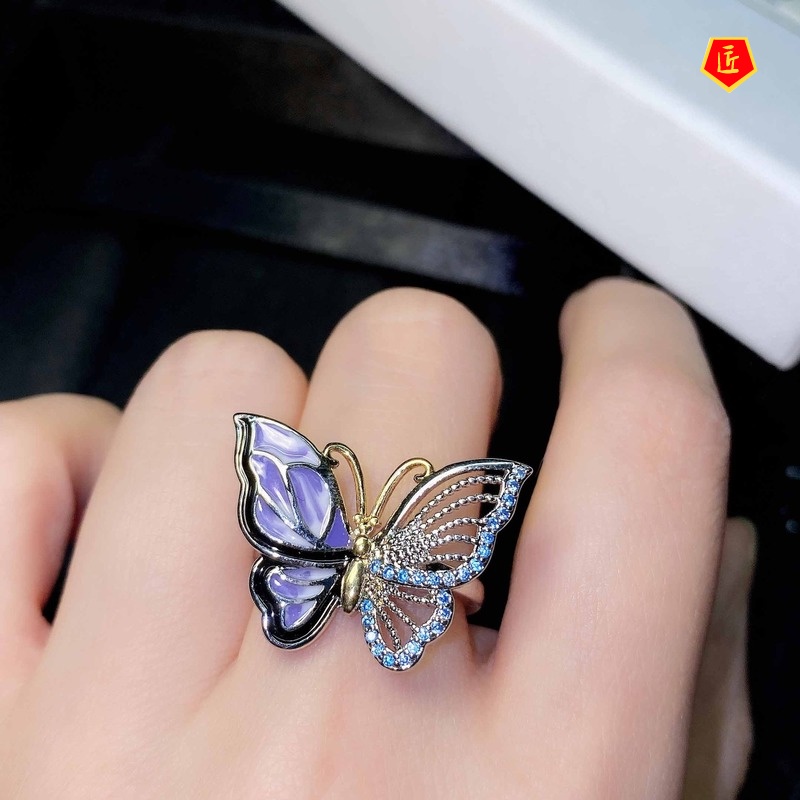 [Ready Stock]Advanced Exquisite Hollow Jeweled Colorful Butterfly Ring Sweet