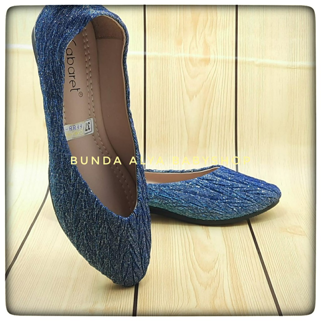 Sepatu Wanita Slip on Premium Size 37 - 40 BIRU Cabaret Flatshoes Wanita Glitter - Sepatu Casual Perempuan