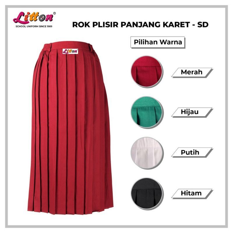 Rok seragam SD plisir panjang merah karet Litton bahan adem uk 2-12 / rok sekolah panjang merah