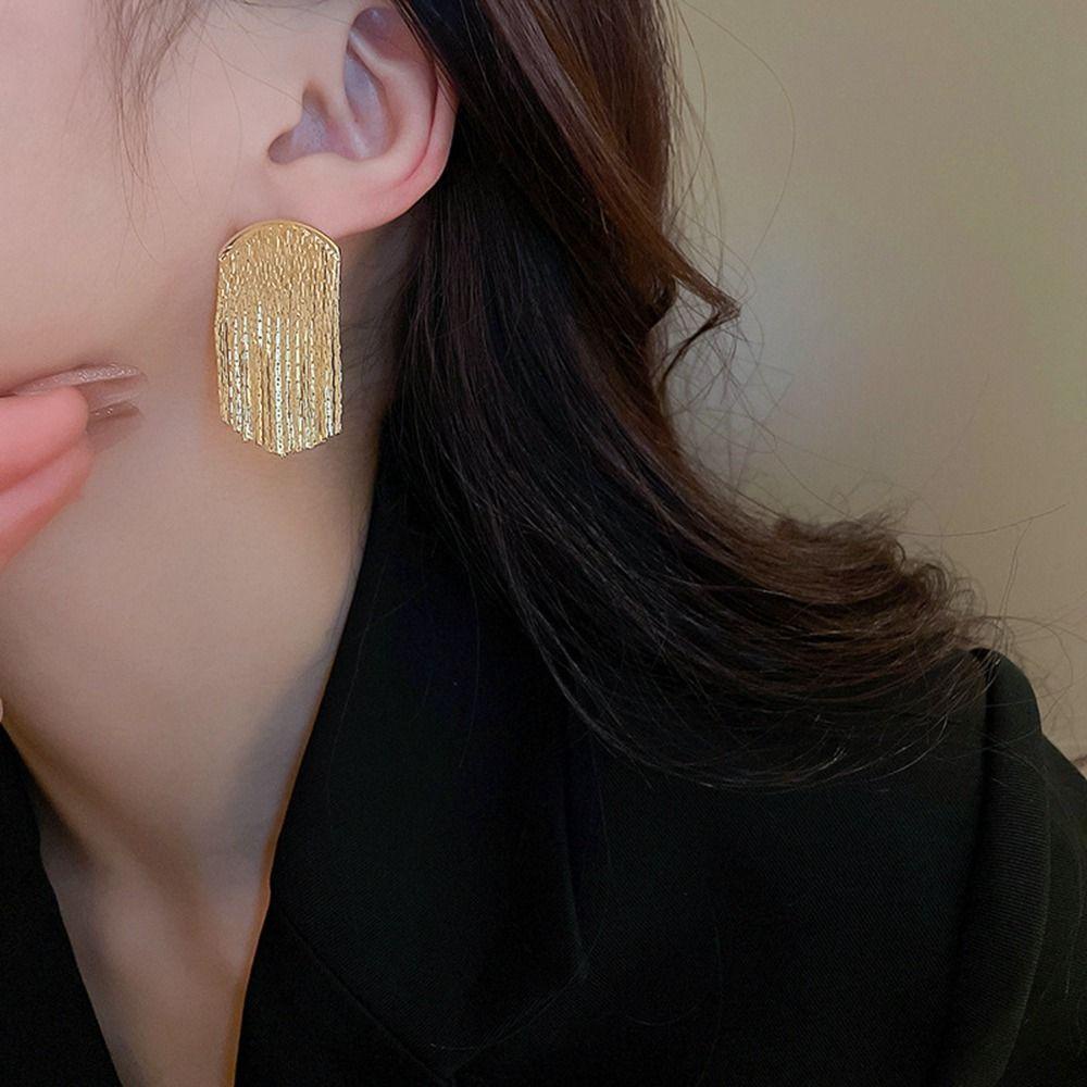 Needway Busur Rumbai Anting Retro Sederhana Perhiasan Wanita Perak Emas Logam Anting Korea