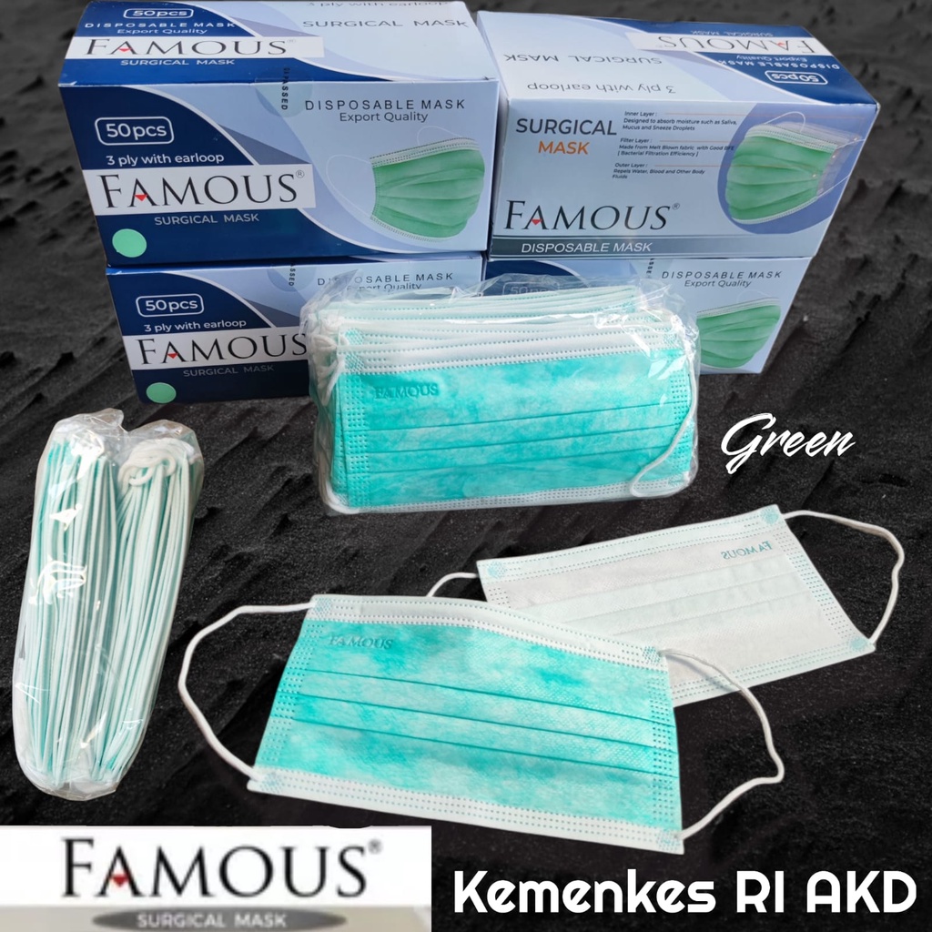 FAMOUS 3PLY SURGICAL MASK - MASKER MEDIS FAMOUS BEDAH 3PLY EMBOS KEMENKES RI Akd BOX ISI 50 PCS - HIJAU GREEN