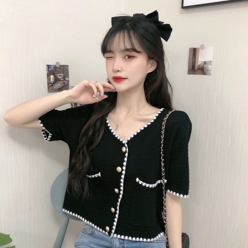 Atasan crop top pendek temperamen impor baru kardigan tipis rajutan lengan pendek