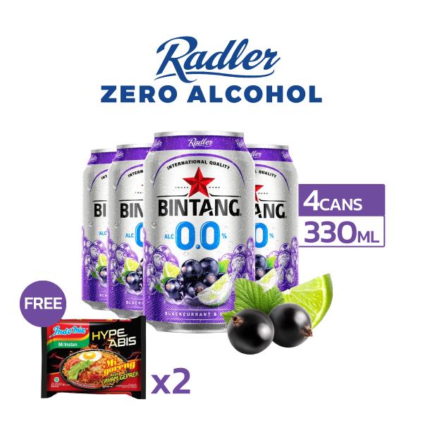 Bintang Minuman Radler Zero 0.0% Blackcurrant Lime 4 x 330 mL Free Indomie Ayam Geprek