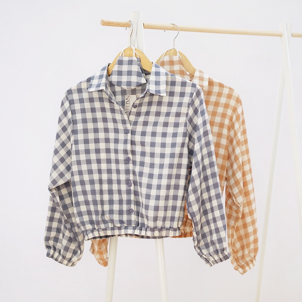 VT Kemeja Kotak kotak Wanita Crop Blouse Cewek Lengan Panjang Baju Kemeja Perempuan Kekinian VB0007