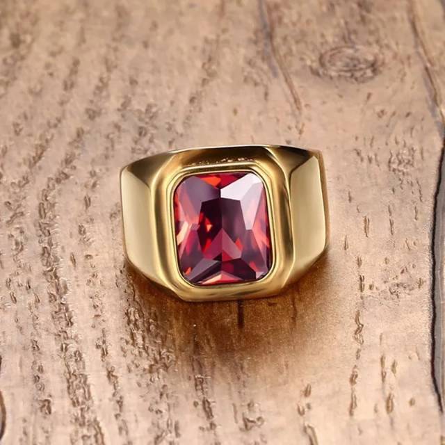 Cincin Pria Octagon Minimalis Ring Titanium Stainless Steel Warna Gold Batu Akik Merah Red Ruby
